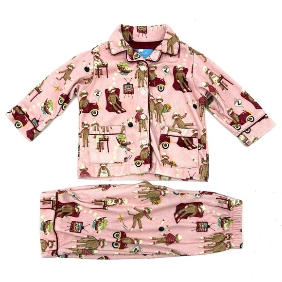 Nick & Nora Pajama Set Size 18 Months Sock Monkey Kids Baby PJs Outfit Top Pants - Picture 1 of 6
